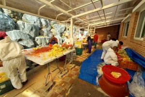 한겨울 양식을 준비하는 날입니다.  모두가 손을 보태 다듬고 썰고 양념 버무리고 어떻게 안 맛있을 수가 있겠어요?  이날 먹는 어묵탕과 굴김치에 보쌈은 일한 뒤 먹는 것이라 더 달고 맛있었어요. 한번 맛보실래요~~